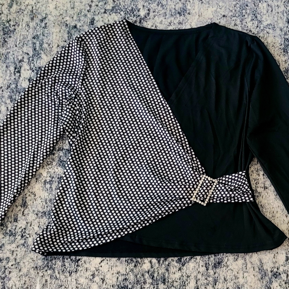 SHEIN Black and White Polka Dot Wrap Blouse